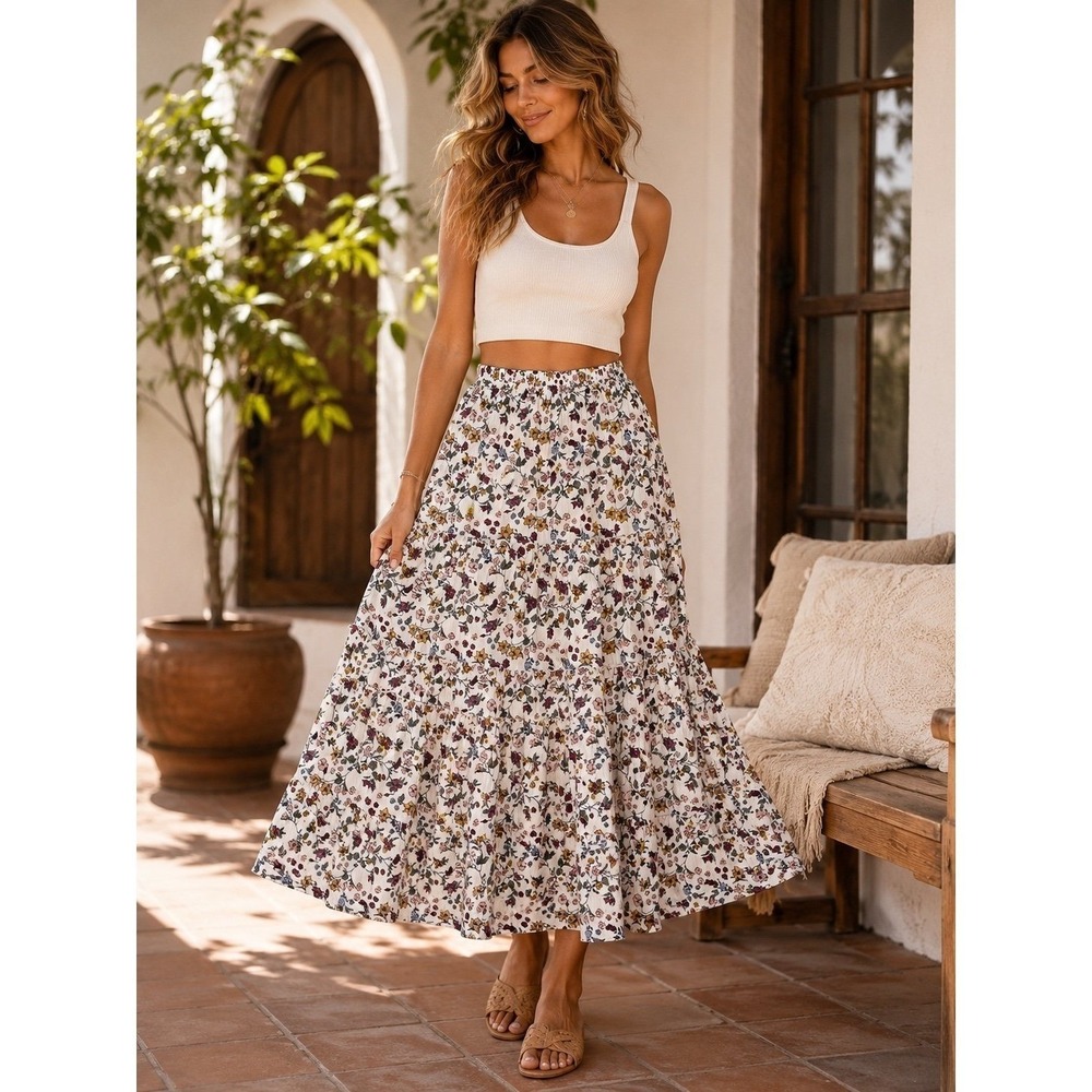 Joe B Floral Tiered Midi Skirt White Rayon Boho Cottagecore Women's Large
